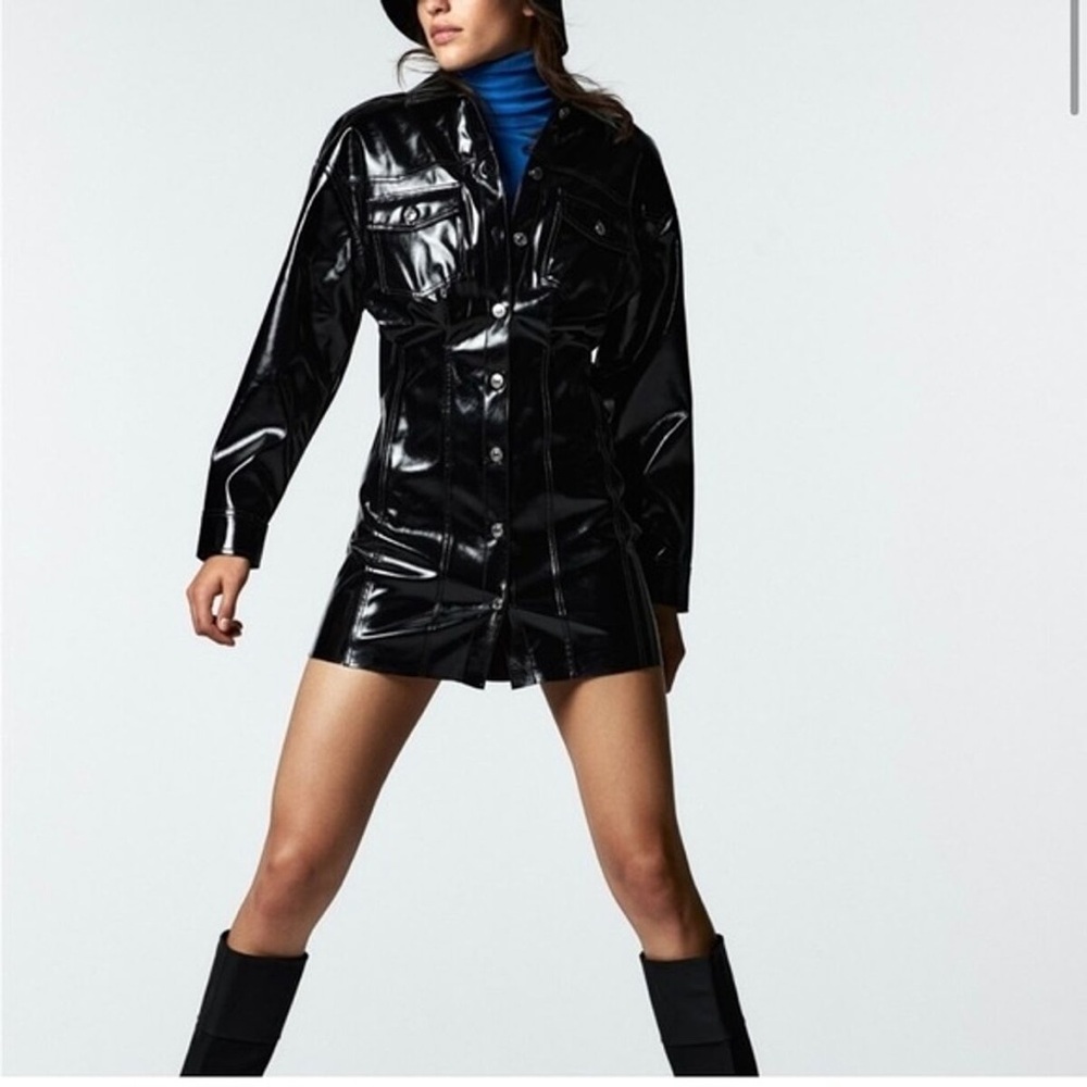 NWT Zara Raeh Faux Shiny Patent Leather Dress | Black-S